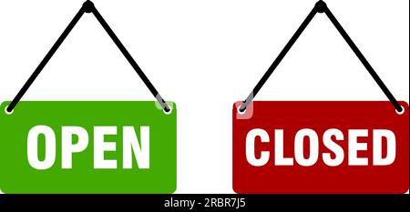 Grüner offener und roter geschlossener Laden oder Laden hängender Türanhänger oder Symbolsatz für Schilder. Vektorbild. Stock Vektor