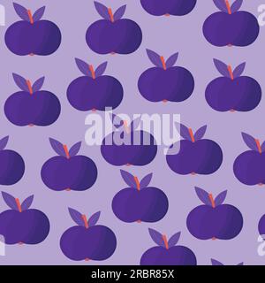 Lilafarbenes, nahtloses Apfelmuster im Doodle-Stil auf blauem Hintergrund. Stock Vektor