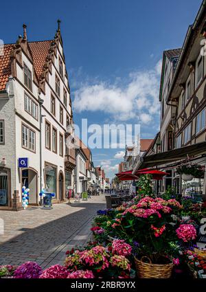 Historische Gebäude in einer Einkaufsstraße, Altstadt von Lemgo, Nordrhein-Westfalen, Deutschland Stockfoto