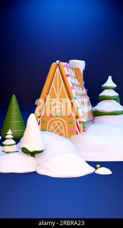 Das neue 2022. Jahr steht bevor. Lebkuchenhaus, weihnachtsbaum im Schnee auf tiefblauem Hintergrund. Set mit 3D realistischen Ikonen zu weihnachten. 3D Abbildung Stockfoto