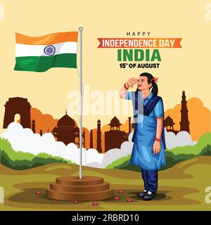 Frohen Unabhängigkeitstag Indien. Indischer Student salutiert indische Flagge. Abstrakte Vektordarstellung – Designflyer Stock Vektor