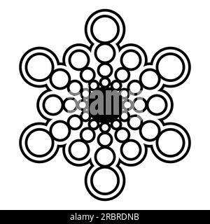 Symbol der Sonne mit Strahlen, die von einer Mitte ausgehen und von einer durchgehenden Umrandung umgeben sind. Die sechs größten Kreise bilden ein Hexagramm. Stockfoto
