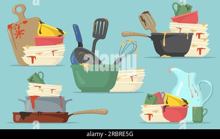 Verschmutzte Teller und Becher, flach für Webdesign Stock Vektor