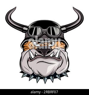 Bulldog in einem Bikerhelm. Vektordarstellung eines beliebten Tierkarikaturen. Wütendes Tier. Haustier Stock Vektor