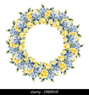 Aquarelle Blumenkranz gelber Pfingstrosen. Vorlage für Einladung, Karte, Datum speichern, Postkarte, Banner, Poster, Muttertag, Frauentag Stock Vektor