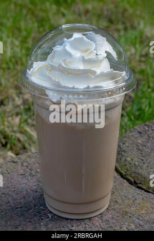 Kühlen Sie sich mit einem kalten Kaffee vor dem Hintergrund der ruhigen Schönheit der Natur ab. Stockfoto