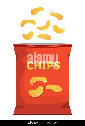Knusprige, gewellte Kartoffelchips, die in die Verpackung fliegen, Vektor-realistisches Snackpaket. Designsymbol für Lebensmittel- und Getränkebranche, Kartoffelsnack br Stock Vektor