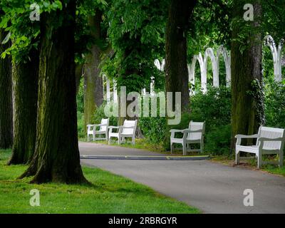 Ludwigsburg blühender Barock, weiße Bänke in der Straße Stockfoto