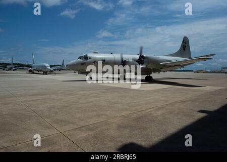 JACKSONVILLE, Florida (23. Juni 2023) Ein P-3C-Poseidon-Flugzeug, angeschlossen an die Patrouille- und Aufklärungsschwadron (VP) 30, startet seine Triebwerke in Vorbereitung auf den Abflug während der P-3C Orion Sundown Zeremonie im VP 30-Hauptquartier, Juni 23. Die Zeremonie feierte 62 Jahre aktiven Dienstes für das Orion-Flugzeug. VP 30 mit Sitz in Jacksonville Florida ist die USA Marinepatrouille und Ersatzschwadron der Aufklärungsflotte (FRS) der Marine. Aufgabe von VP 30 ist es, vor der Durchführung der P-8A Poseidon-Seestreifenflugzeuge und MQ-4C UAS-spezifische Schulungen für Piloten, Marineflugsoffiziere und in Anspruch genommene Flugbesatzungen durchzuführen Stockfoto