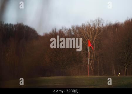 Rote Golfflagge auf Grün im Abendlicht Stockfoto