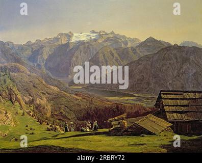 Blick auf den Dachstein mit Hallstättersee von der Hütteneckalpe an der Ischl 1838 von Ferdinand Georg Waldmüller Stockfoto