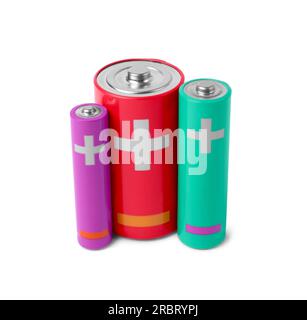 Drei verschiedene neue Batterien, isoliert auf weiß Stockfoto