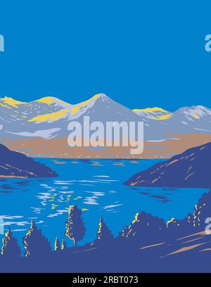 WPA-Posterkunst des Genfer Sees in den Kantonen Vaud, Genf und Wallis an der Nordseite der Schweizer Alpen in der Schweiz in der Werkprojektverwaltung Stockfoto