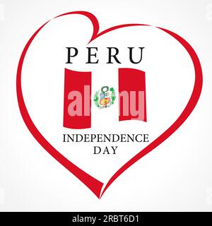 Peru-Herzbanner mit Wappen und Text: Fiestas Patrias. „Happy Independence Day“-Grußkartendesign für Peru. Creative Heart Logo. T-Shirt-Grafik Stock Vektor