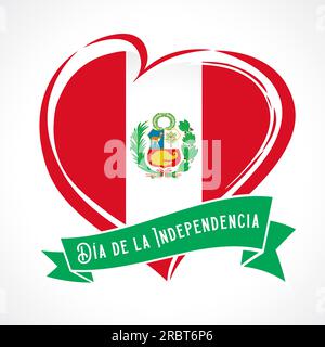 Peru-Herzbanner mit Wappen und Text: Fiestas Patrias. „Happy Independence Day“-Grußkartendesign für Peru. Creative Heart Logo. T-Shirt-Grafik Stock Vektor