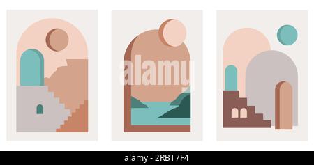 Mid-Century-Architektur, Boho-Druck, Wanddekor, Abdeckungen. Stock Vektor