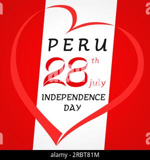 Peru-Herzbanner mit Wappen und Text: Fiestas Patrias. „Happy Independence Day“-Grußkartendesign für Peru. Creative Heart Logo. T-Shirt-Grafik Stock Vektor