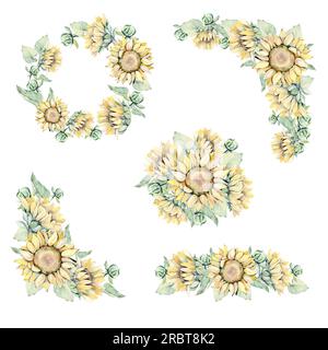 Wasserfarbenes, nahtloses Muster mit Sonnenblumen und Schmetterlingen. Handgezeichnete Illustration Stockfoto