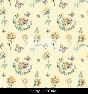 Wasserfarbenes, nahtloses Muster mit Sonnenblumen und Schmetterlingen. Handgezeichnete Illustration Stockfoto