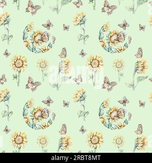 Wasserfarbenes, nahtloses Muster mit Sonnenblumen und Schmetterlingen. Handgezeichnete Illustration Stockfoto