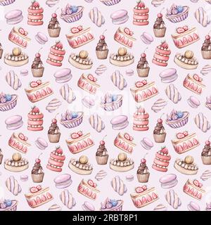 Handgezeichnete, nahtlose Aquarelle mit Desserts. Stockfoto