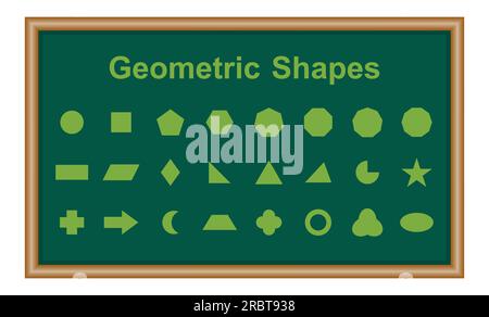 Set von 2D geometrischen Formen in Mathematik. Kreis, Quadrat, fünfeck, Sechseck, Heptagon, achteck, Dekagon, Parallelogramm, Drachen, Dreieck, Bild, halbmond, Pfeil Stock Vektor