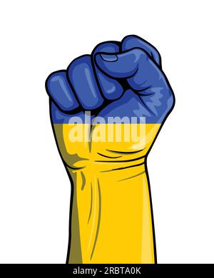 Die erhobene Faust wird mit einem Vektor zur Darstellung der ukrainischen Flagge auf weißem Hintergrund geschlagen Stock Vektor