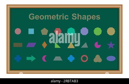 Set von 2D geometrischen Formen in Mathematik. Kreis, Quadrat, fünfeck, Sechseck, Heptagon, achteck, Dekagon, Parallelogramm, Drachen, Dreieck, Bild, halbmond, Pfeil Stock Vektor