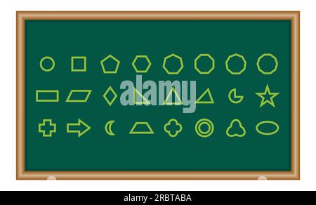 Set von 2D geometrischen Formen in Mathematik. Kreis, Quadrat, fünfeck, Sechseck, Heptagon, achteck, Dekagon, Parallelogramm, Drachen, Dreieck, Bild, halbmond, Pfeil Stock Vektor