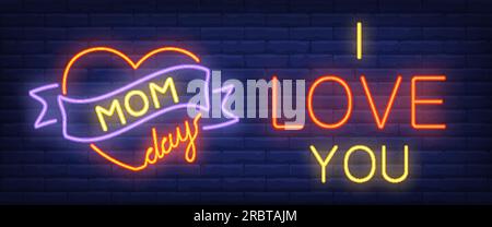 Mom Day, ich liebe dich, Neontext mit Herz und Band Stock Vektor
