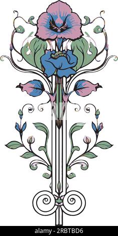 Blumendekoration im Jugendstil, Weinreben und Blätter - lila und blau Stock Vektor