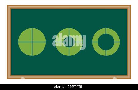 Satz aus vier Teilen des Kreises. Tortendiagramm mit vier Sektoren derselben Größe. Mathematische Ressourcen für Lehrer und Schüler. Stock Vektor