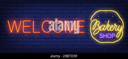 Willkommen, Bäckerei, Neontext mit Teig Stock Vektor