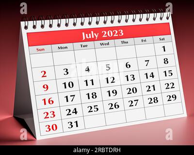 Eine Seite des monatlichen Kalenders des jährlichen Business Desks. Datum: Juli 2023. 3D-Rendering Stockfoto
