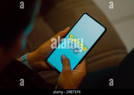 Brasilien. 10. Juli 2023. In dieser Abbildung wird das Pokémon GO-Logo auf einem Smartphone-Bildschirm angezeigt. Kredit: SOPA Images Limited/Alamy Live News Stockfoto