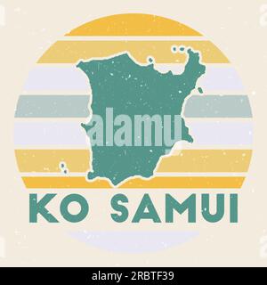 Logo von Ko Samui. Unterschreiben Sie mit der Karte der Insel und den farbigen Streifen, Vektordarstellung. Kann als Abzeichen, Logo, Label, Aufkleber oder Abzeichen des verwendet werden Stock Vektor