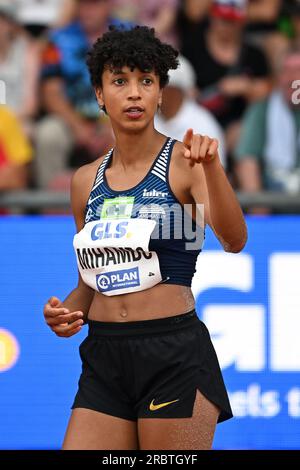 Kassel, Deutschland. 09. Juli 2023. Leichtathletik: Deutsche Meisterschaft in der Auestadion. Weitsprung, Finale, Frauen. Malaika Mihambo Gesten. Kredit: Swen Pförtner/dpa/Alamy Live News Stockfoto