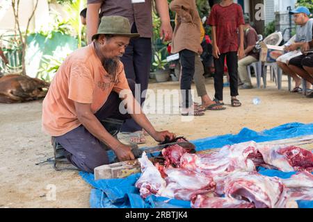 Lampung, Indonesien, 29. Juni 2023: Unbekannte indonesische Moslems helfen sich gegenseitig beim Schlachten halaler Opfertiere während des Eid al-Adha Stockfoto