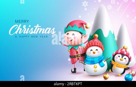 „Merry christmas“-Textvektordesign. Weihnachtself, Schneemann und Pinguine mit niedlichen Figuren und Schneekiefer für die Weihnachtszeit. Vektordarstellung Stock Vektor