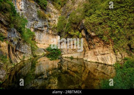 Die Gorg Negre-Schlucht in Querol, einer der Orte, an denen der Fluss Gaià von Klippen umgeben ist (Alt Camp, Tarragona, Katalonien, Spanien) Stockfoto