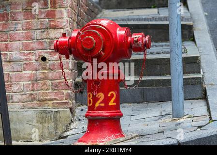 Nahaufnahme der roten Hydranten auf den Straßen von Central, Hong Kong Stockfoto