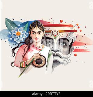 Fröhliche Ugadi-Karte mit Text in weißem Rahmen auf farbigem Hintergrund, Vektorgrafik. Happy Ugadi Festival of India – Grußkarte mit farbenfrohem holi-Hintergrund. Vektordarstellung Stock Vektor