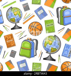 Vector School Nahtloses Muster, dekorativer, sich wiederholender Hintergrund mit Illustrationen von Schulwerkzeugen für Geschenkpapier, Kollektion von flachen Schulen Stock Vektor
