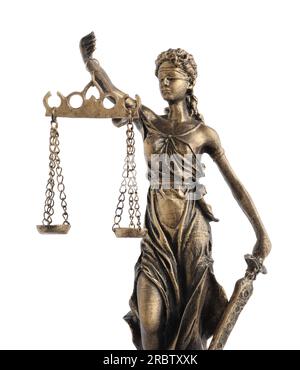 Die Statue von Lady Justice, isoliert auf Weiß. Symbol für faire Behandlung nach dem Gesetz Stockfoto