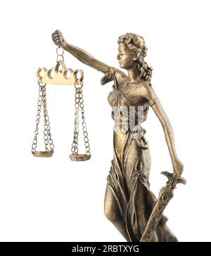 Die Statue von Lady Justice, isoliert auf Weiß. Symbol für faire Behandlung nach dem Gesetz Stockfoto