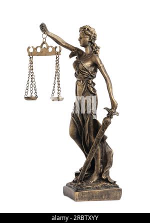 Die Statue von Lady Justice, isoliert auf Weiß. Symbol für faire Behandlung nach dem Gesetz Stockfoto