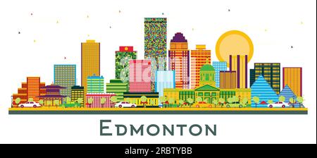 Edmonton Canada City Skyline mit farbigen Gebäuden isoliert auf White. Vektordarstellung. Geschäftsreise- und Tourismuskonzept mit modernen Gebäuden. Stock Vektor