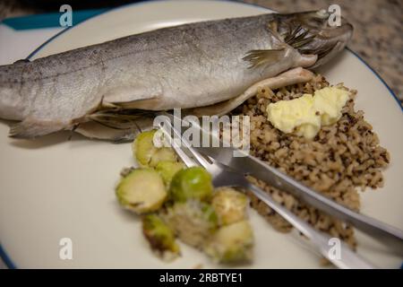 Gefüllte Regenbogenforelle mit Quinoa und Brusselsprossen Stockfoto