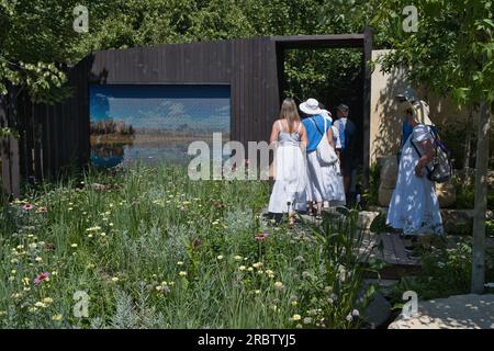 Besucher bewundern einen der Schaugärten der RHS Hampton Court Flower Show in London Stockfoto