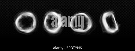 Umkreisen Sie Rauchwolken, runde Dampfringe, isoliert auf transparentem Hintergrund. Abstrakte Overlay-Effekte von Zigaretten- oder Hookah-Rauch, Nebelwolken, vektorrealistische Illustration Stock Vektor